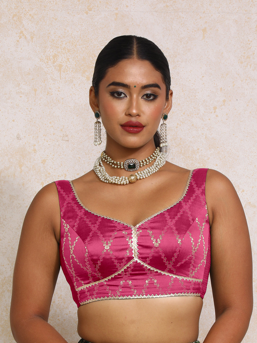 Rivana x Tyohaar Saree Blouse, in Pink Viscose Silk Brocade, featuring sleeveless and sweetheart neckline.