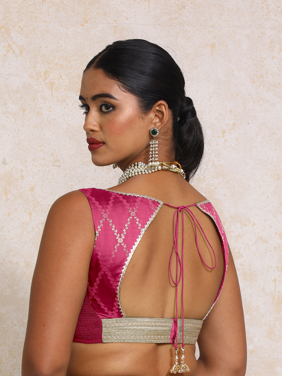 Rivana x Tyohaar Saree Blouse, in Pink Viscose Silk Brocade, featuring sleeveless and sweetheart neckline (view 2).