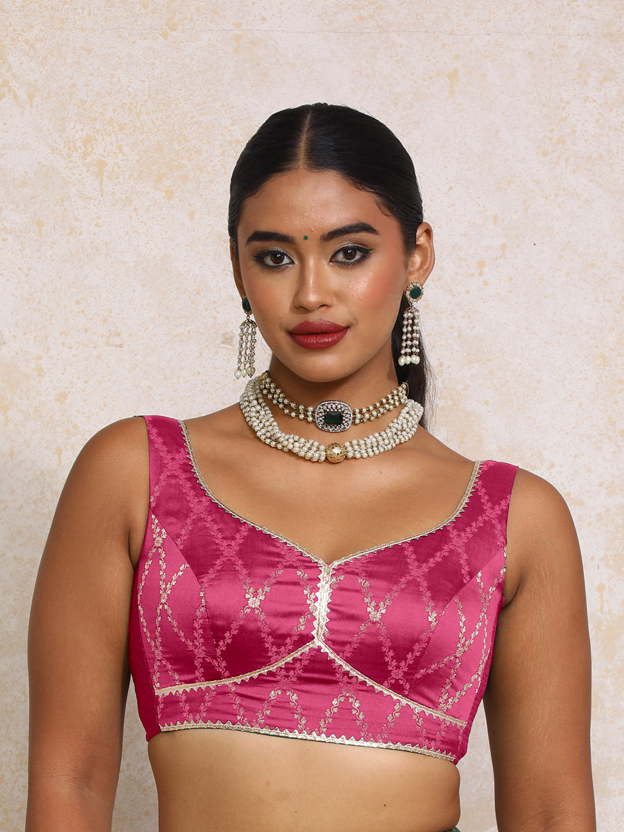 Rivana x Tyohaar Saree Blouse, in Pink Viscose Silk Brocade, featuring sleeveless and sweetheart neckline (view 5).