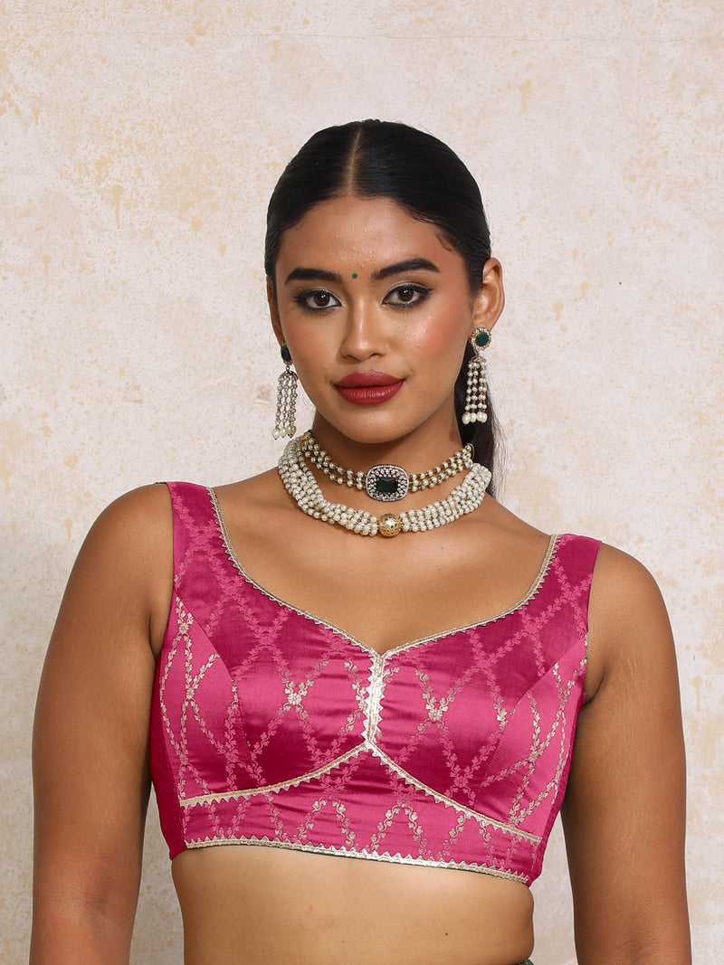 Rivana x Tyohaar | Sleeveless Rosy Pink Vine Mesh Brocade Saree Blouse-Binks
