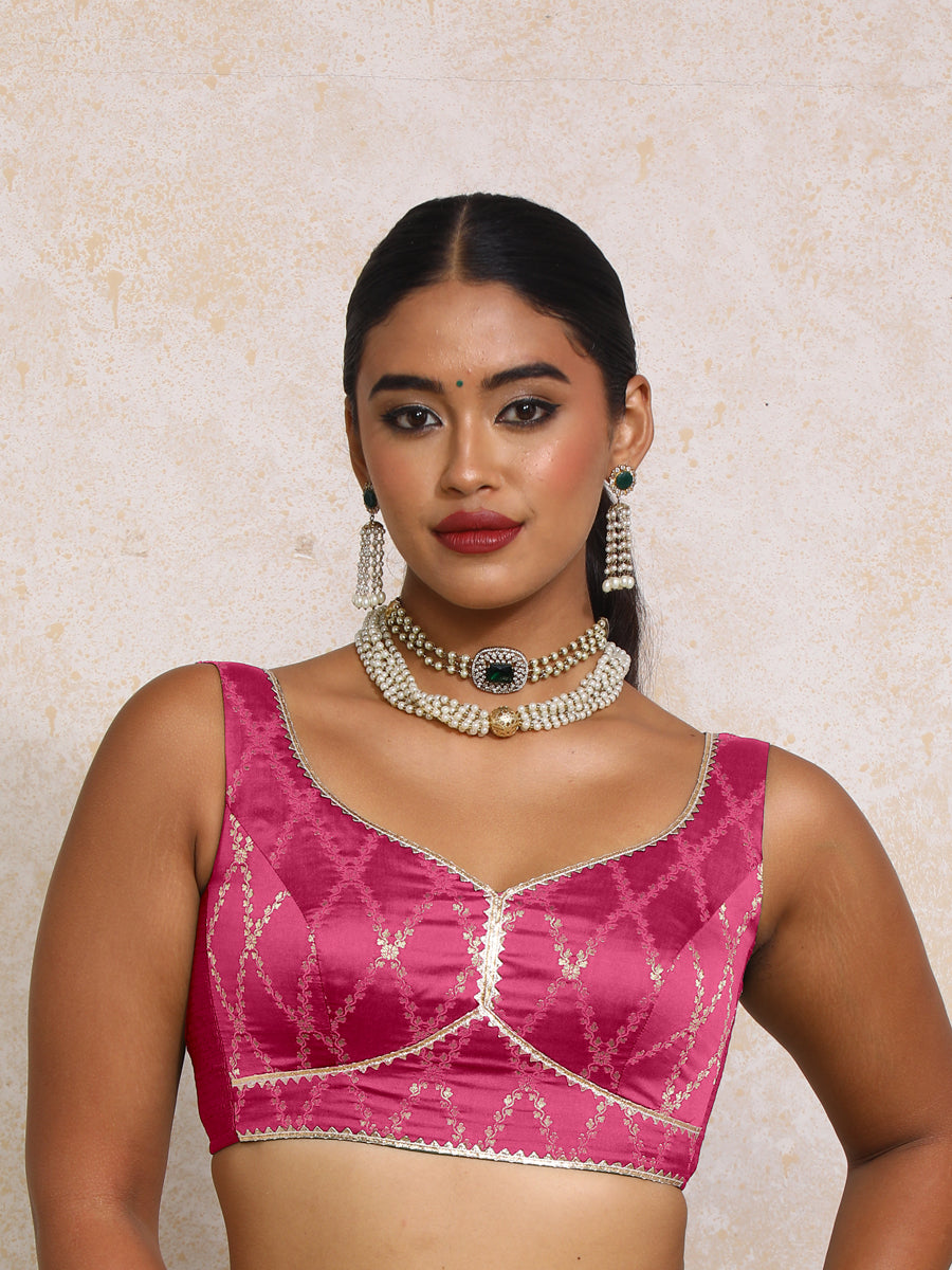 Rivana x Tyohaar Saree Blouse, in Pink Viscose Silk Brocade, featuring sleeveless and sweetheart neckline (view 6).