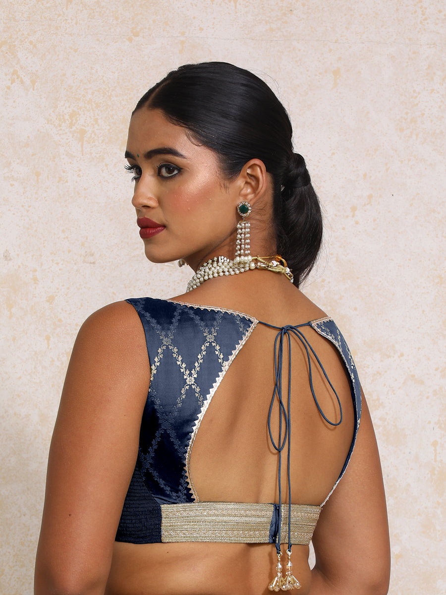 Rivana x Tyohaar Saree Blouse, in Blue Viscose Silk Brocade, featuring sleeveless and sweetheart neckline (view 2).