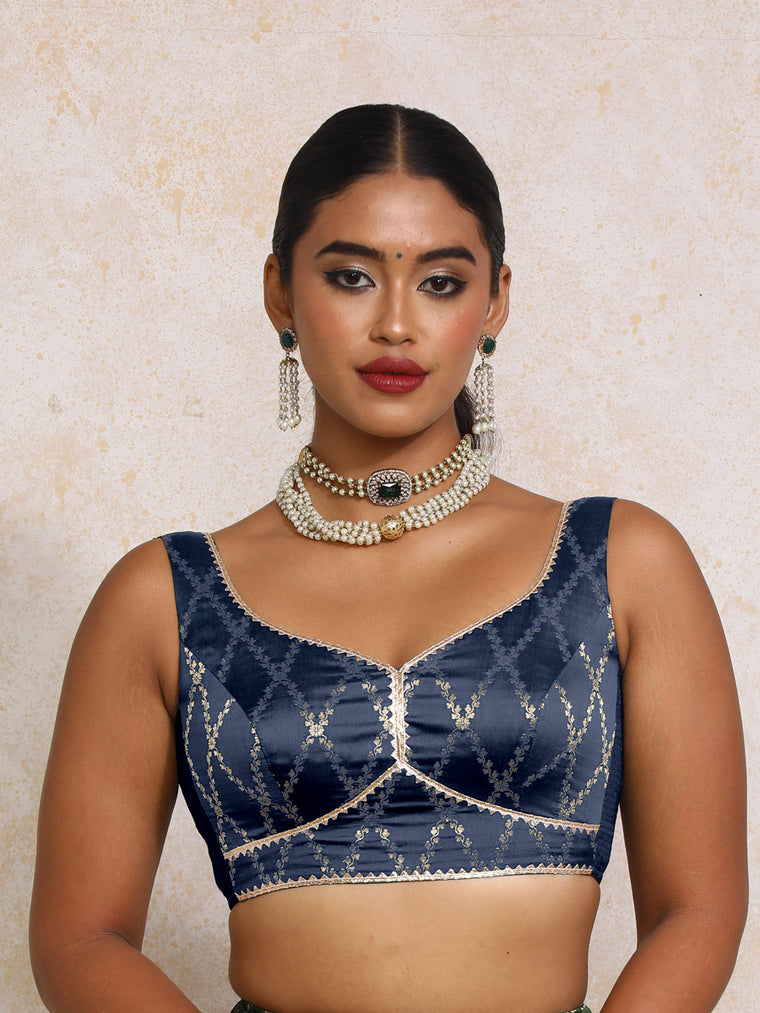 Rivana x Tyohaar Saree Blouse, in Blue Viscose Silk Brocade, featuring sleeveless and sweetheart neckline (view 3).