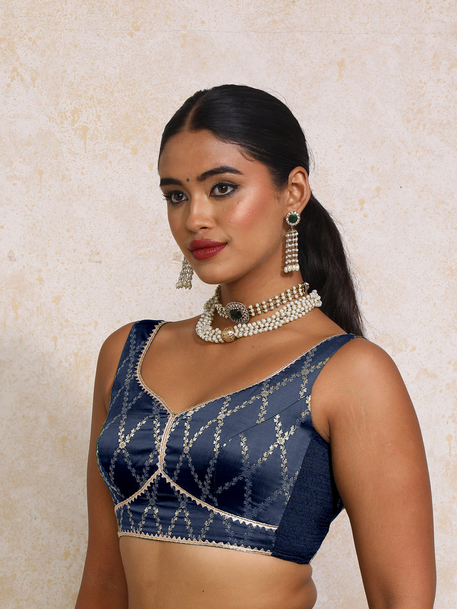 Rivana x Tyohaar Saree Blouse, in Blue Viscose Silk Brocade, featuring sleeveless and sweetheart neckline (view 4).