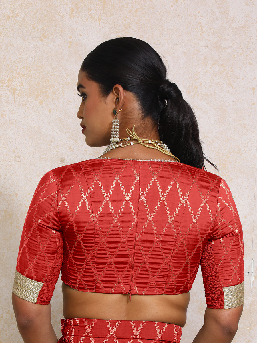 Rivya x Tyohaar Saree Blouse, in Red Viscose Silk Brocade, featuring elbow sleeves and v-neckline, made for party & festive.