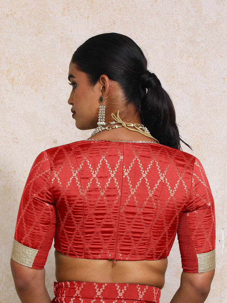 Rivya x Tyohaar Saree Blouse, in Red Viscose Silk Brocade, featuring elbow sleeves and v-neckline, made for party & festive.