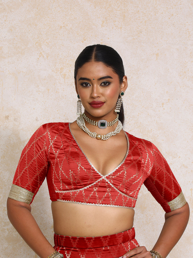 Rivya x Tyohaar | Elbow Sleeves Berry Red Vine Mesh Brocade Saree Blouse-Binks
