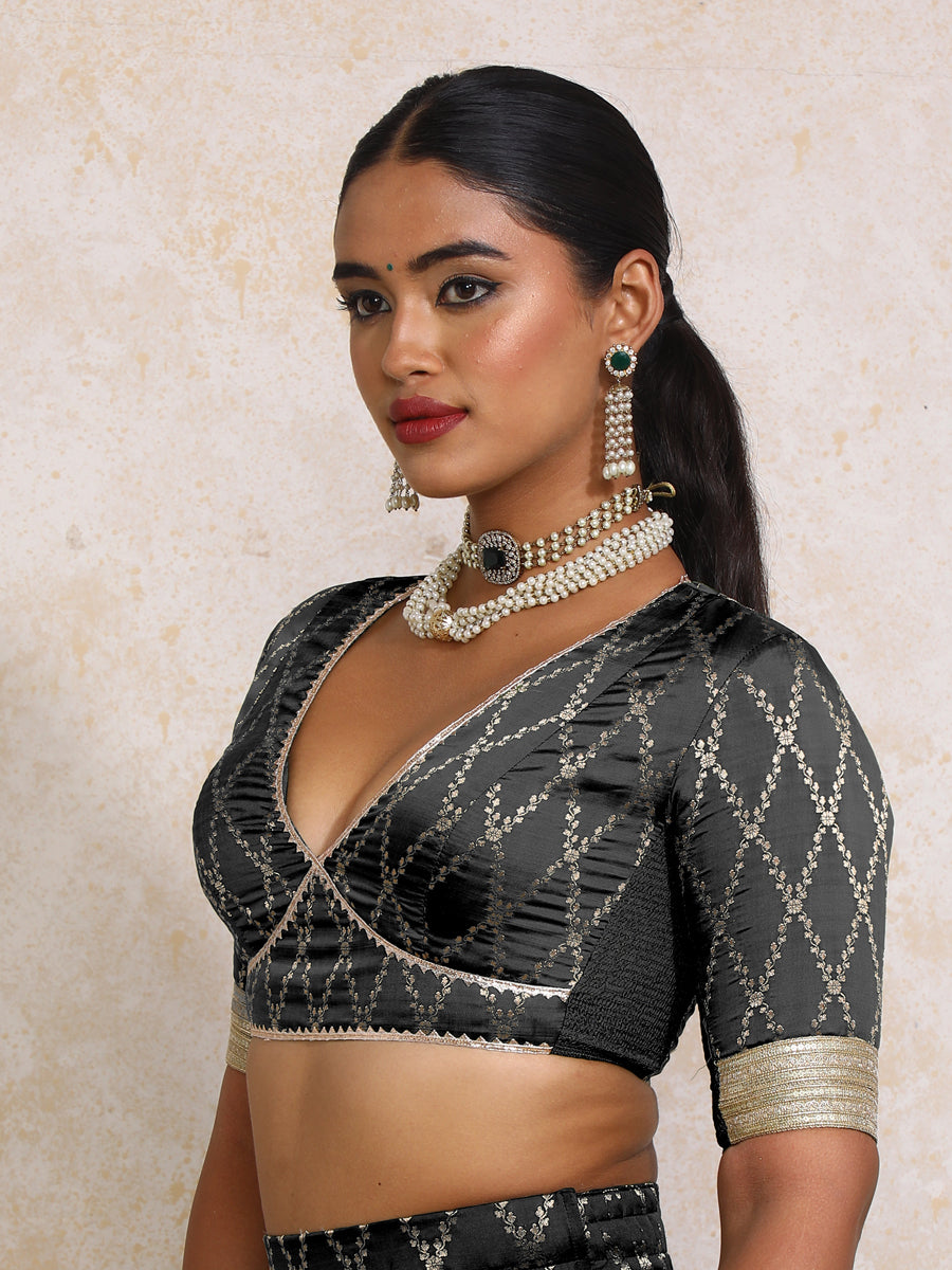 Rivya x Tyohaar Saree Blouse, in Black Viscose Silk Brocade, featuring elbow sleeves and v-neckline (view 8).