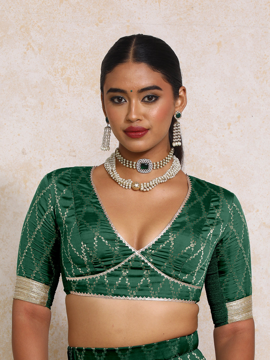 Rivya x Tyohaar | Elbow Sleeves Dark Green Vine Mesh Brocade Saree Blouse