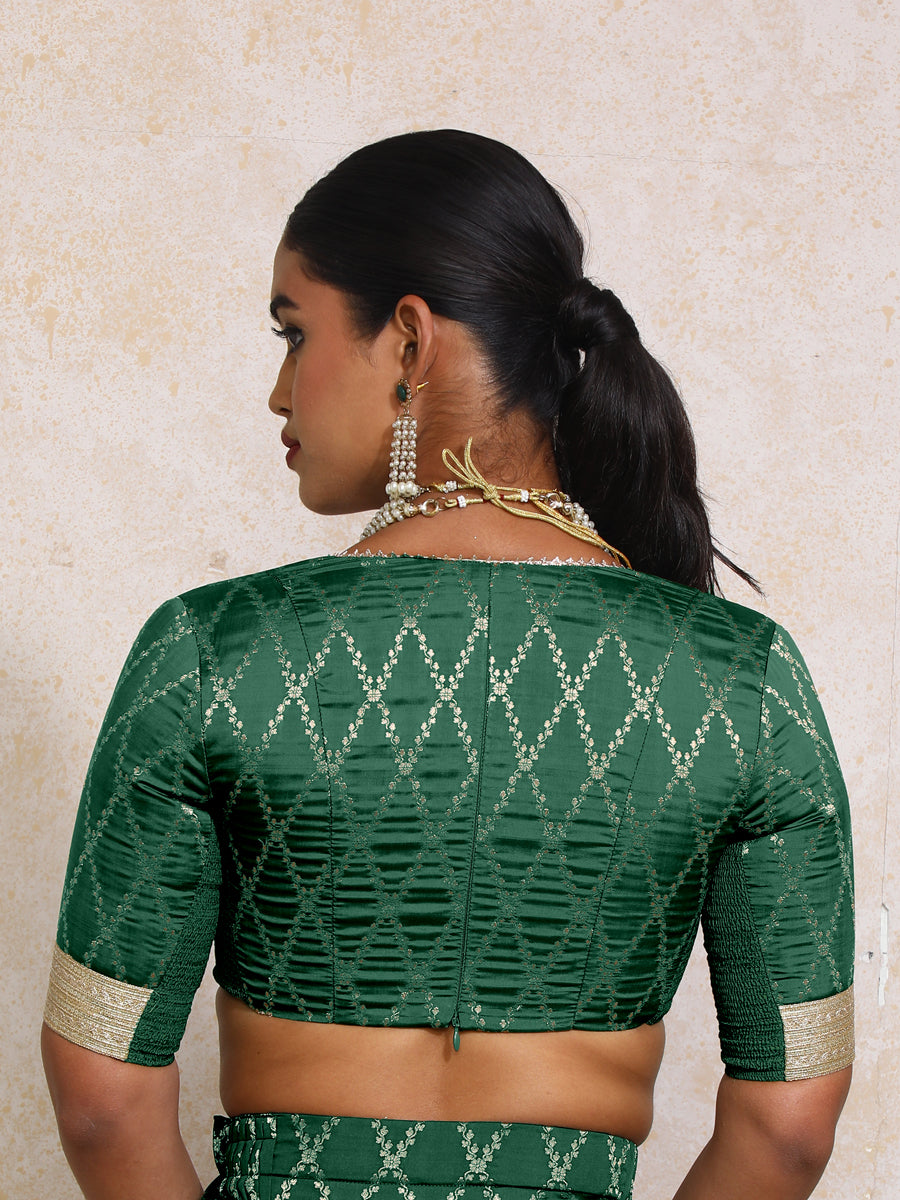 Rivya x Tyohaar Saree Blouse, in Green Viscose Silk Brocade, featuring elbow sleeves and v-neckline (view 2).