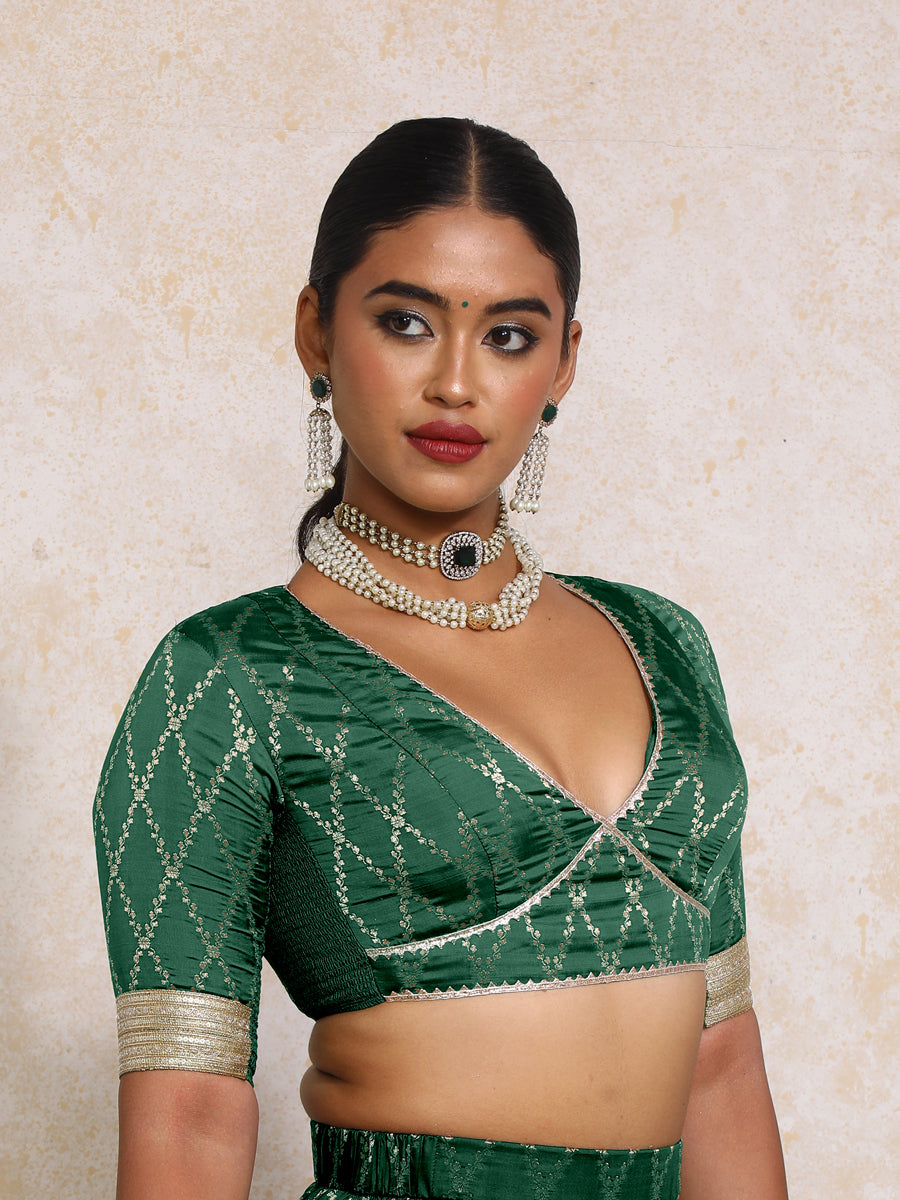 Rivya x Tyohaar Saree Blouse, in Green Viscose Silk Brocade, featuring elbow sleeves and v-neckline (view 6).