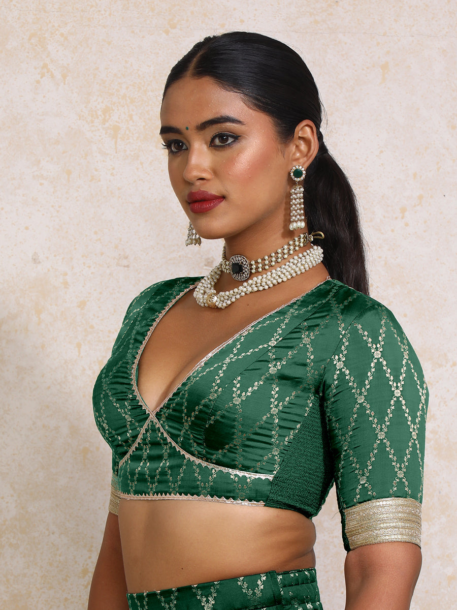 Rivya x Tyohaar Saree Blouse, in Green Viscose Silk Brocade, featuring elbow sleeves and v-neckline (view 8).