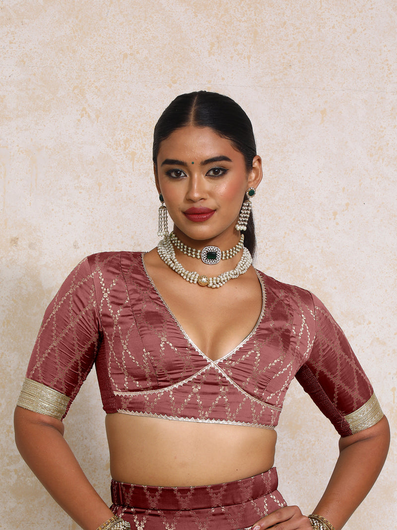 Rivya x Tyohaar | Elbow Sleeves Deep Burgundy Vine Mesh Brocade Saree Blouse-Binks
