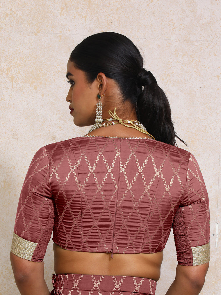 Rivya x Tyohaar Saree Blouse, in Maroon Viscose Silk Brocade, featuring elbow sleeves and v-neckline (view 2).