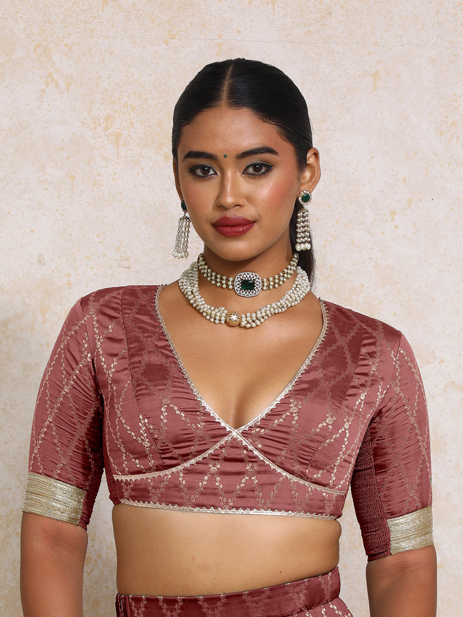 Rivya x Tyohaar Saree Blouse, in Maroon Viscose Silk Brocade, featuring elbow sleeves and v-neckline (view 6).