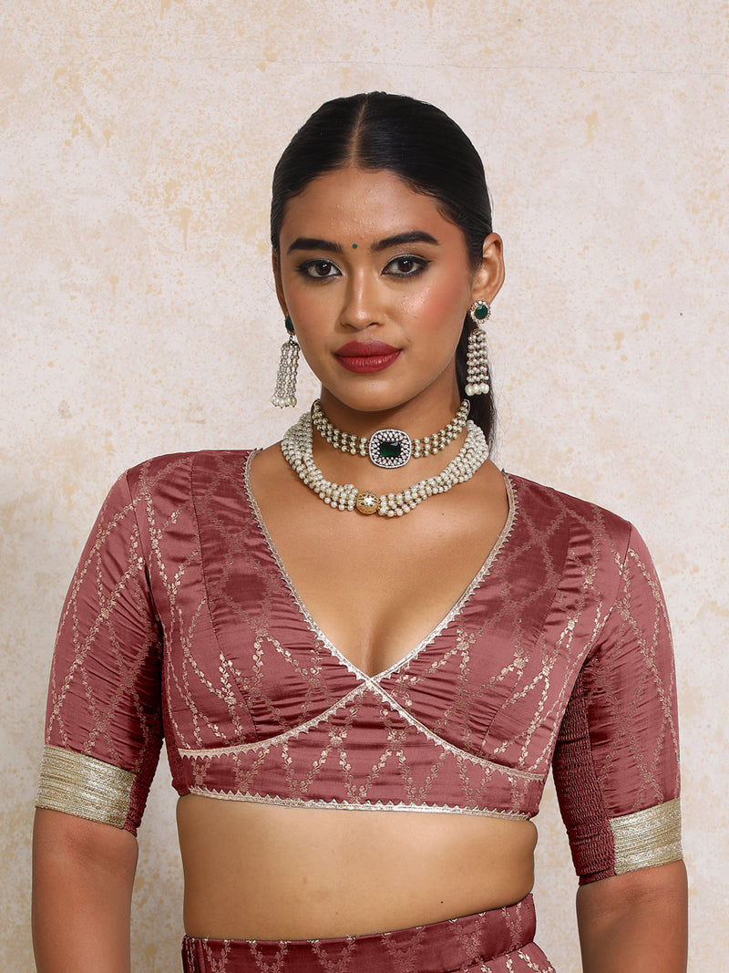Rivya x Tyohaar | Elbow Sleeves Deep Burgundy Vine Mesh Brocade Saree Blouse-Binks