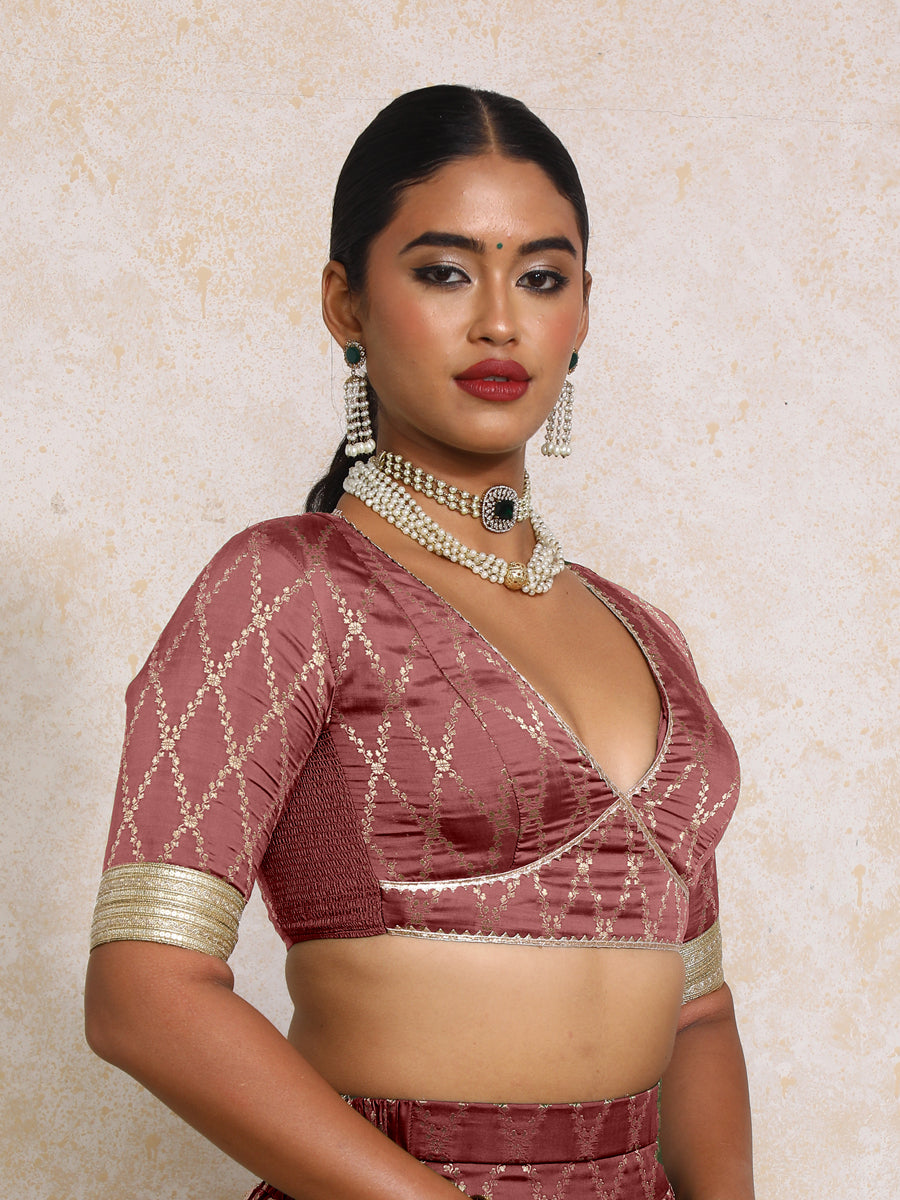 Rivya x Tyohaar Saree Blouse, in Maroon Viscose Silk Brocade, featuring elbow sleeves and v-neckline (view 7).
