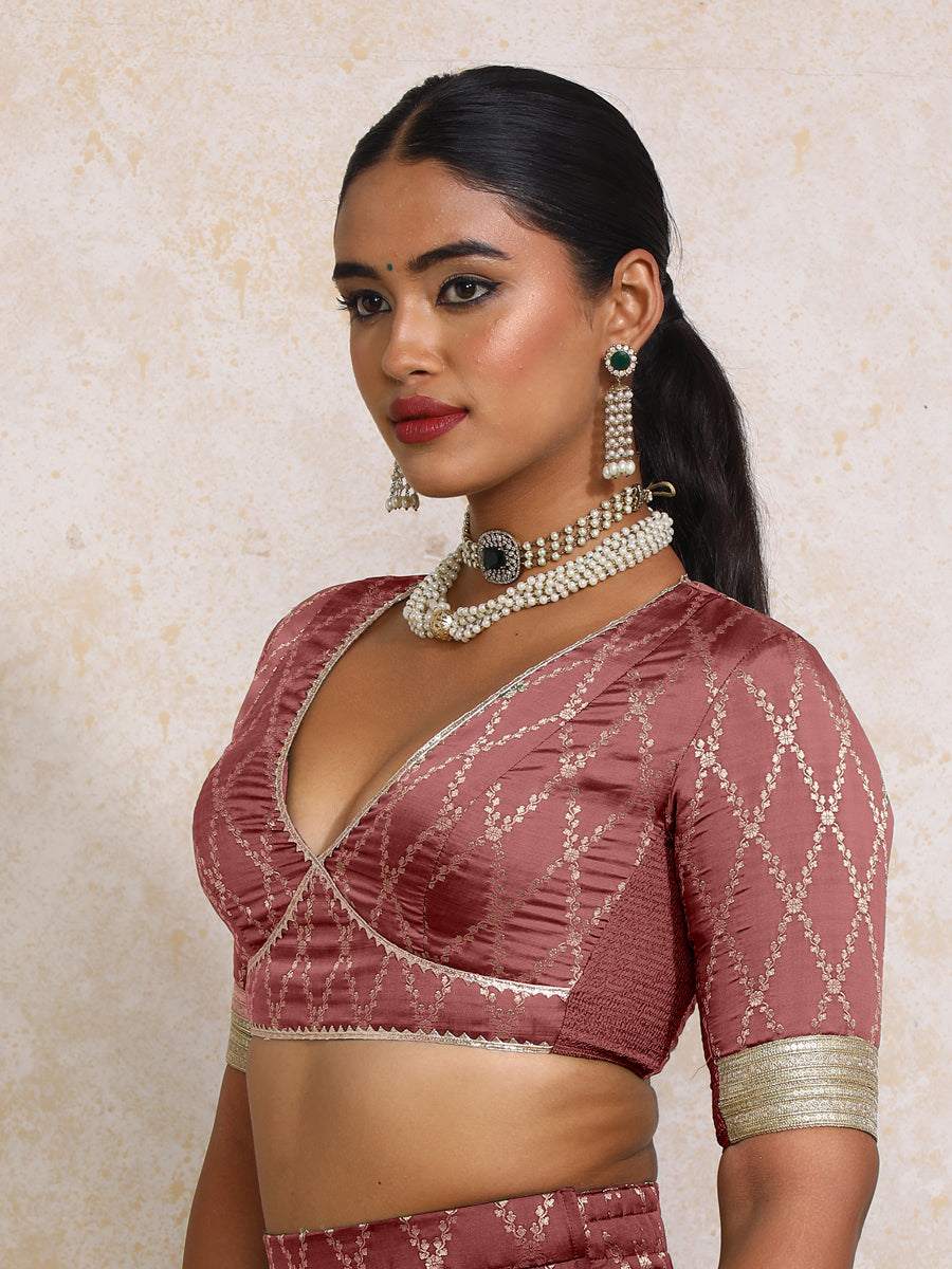 Rivya x Tyohaar Saree Blouse, in Maroon Viscose Silk Brocade, featuring elbow sleeves and v-neckline (view 8).