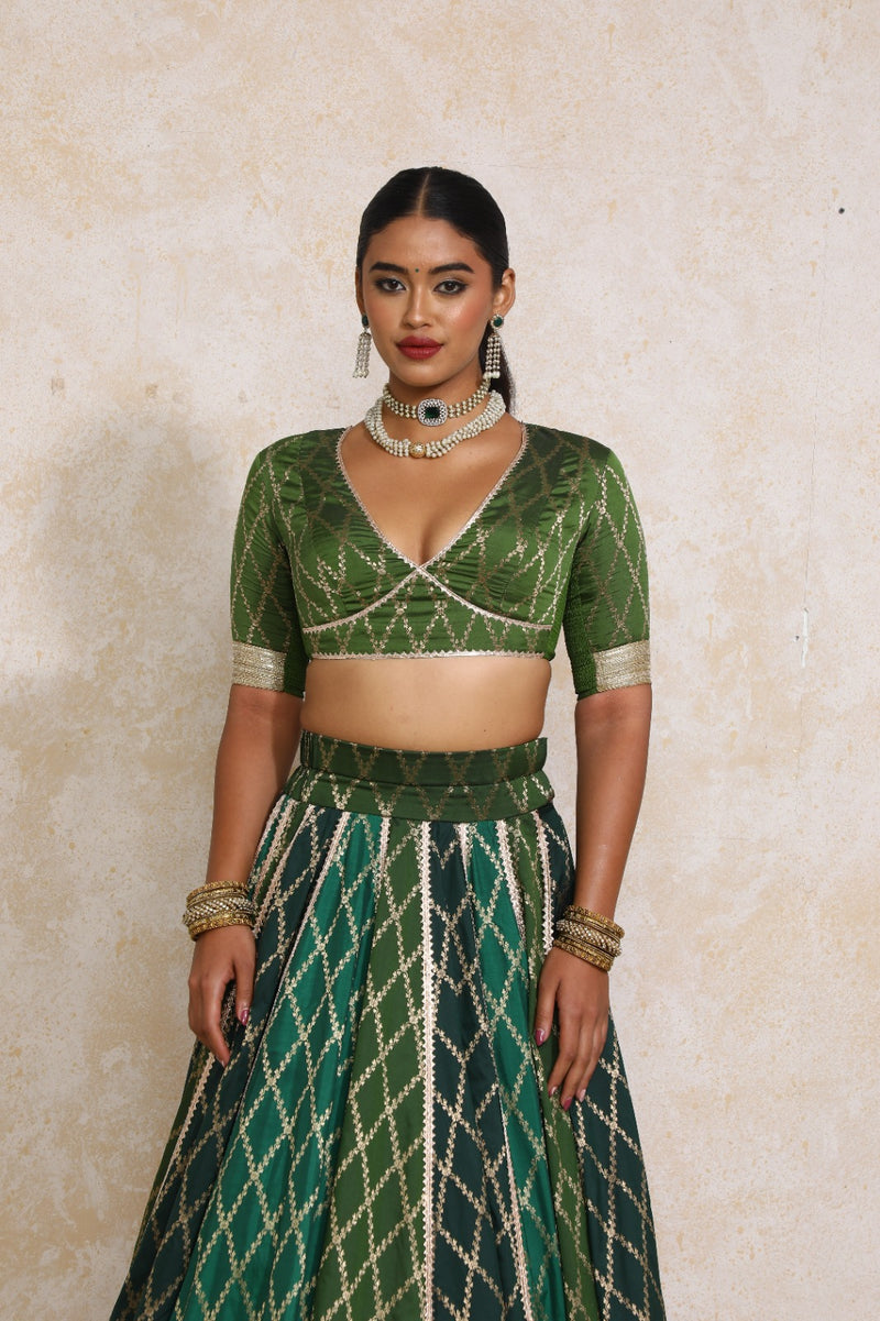 Rivya x Tyohaar | Elbow Sleeves Deep Olive Vine Mesh Brocade Saree Blouse-Binks