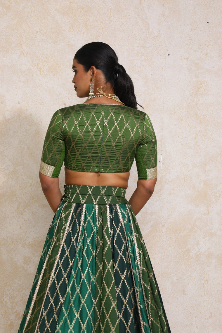 Rivya x Tyohaar Saree Blouse, in Green Viscose Silk Brocade, featuring elbow sleeves and v-neckline (view 2).