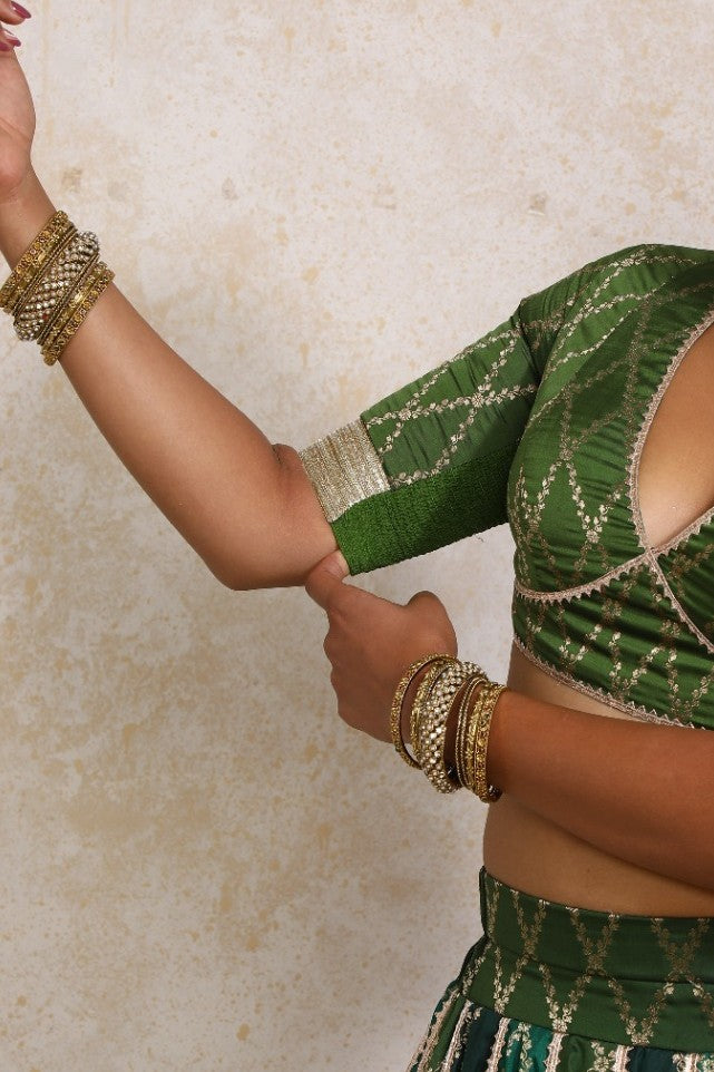 Rivya x Tyohaar Saree Blouse, in Green Viscose Silk Brocade, featuring elbow sleeves and v-neckline (view 4).