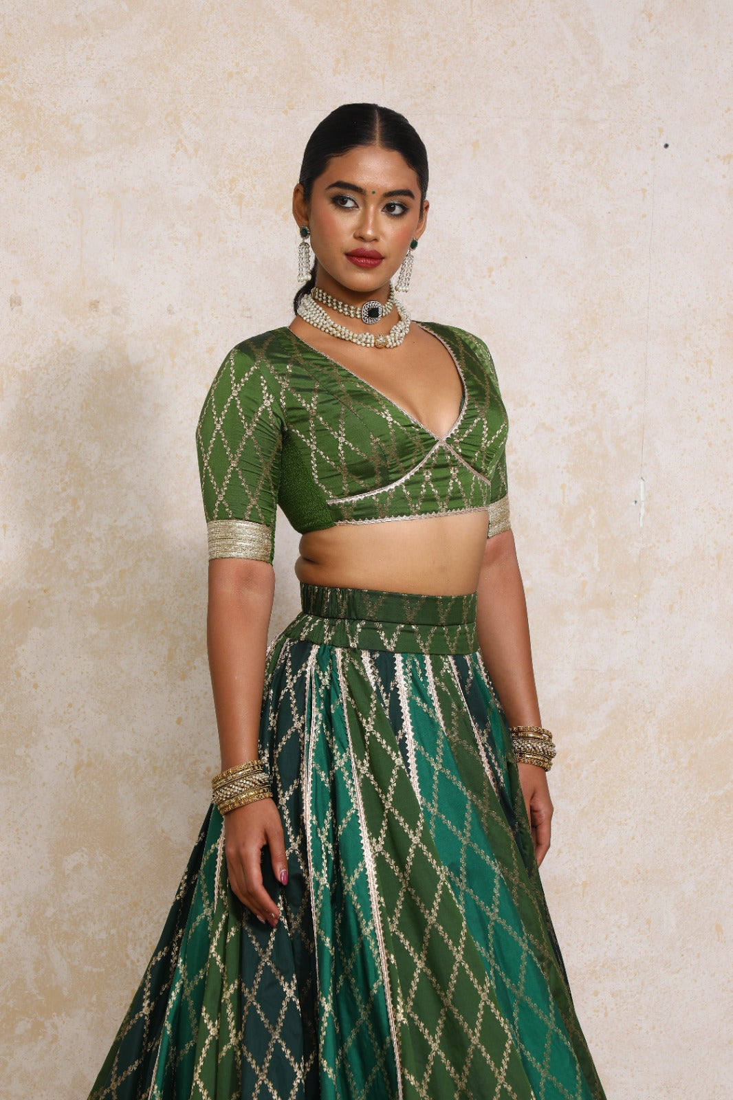 Rivya x Tyohaar Saree Blouse, in Green Viscose Silk Brocade, featuring elbow sleeves and v-neckline (view 6).