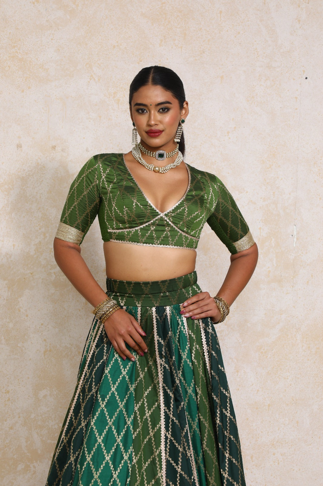 Rivya x Tyohaar Saree Blouse, in Green Viscose Silk Brocade, featuring elbow sleeves and v-neckline (view 8).