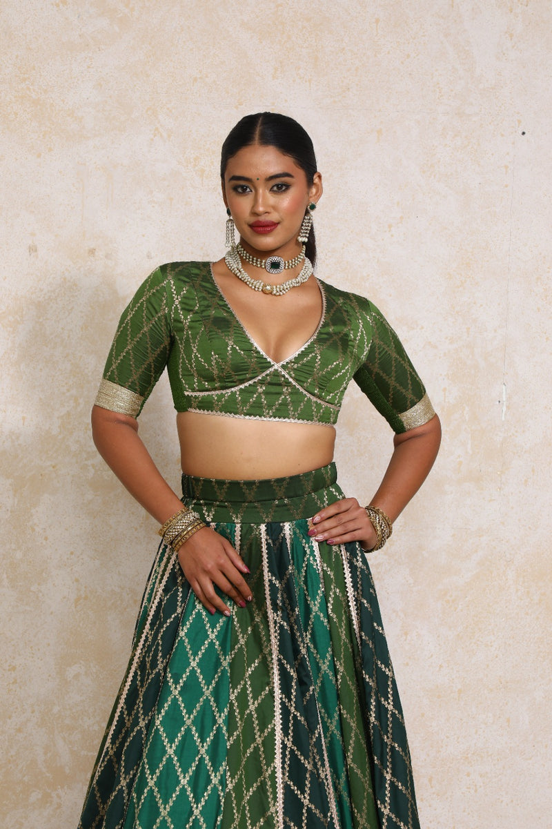 Rivya x Tyohaar | Elbow Sleeves Deep Olive Vine Mesh Brocade Saree Blouse-Binks