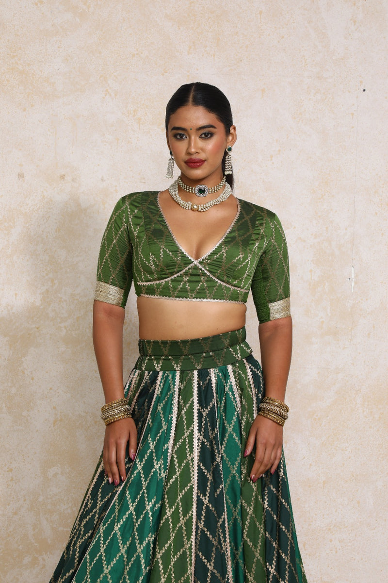 Rivya x Tyohaar | Elbow Sleeves Deep Olive Vine Mesh Brocade Saree Blouse-Binks