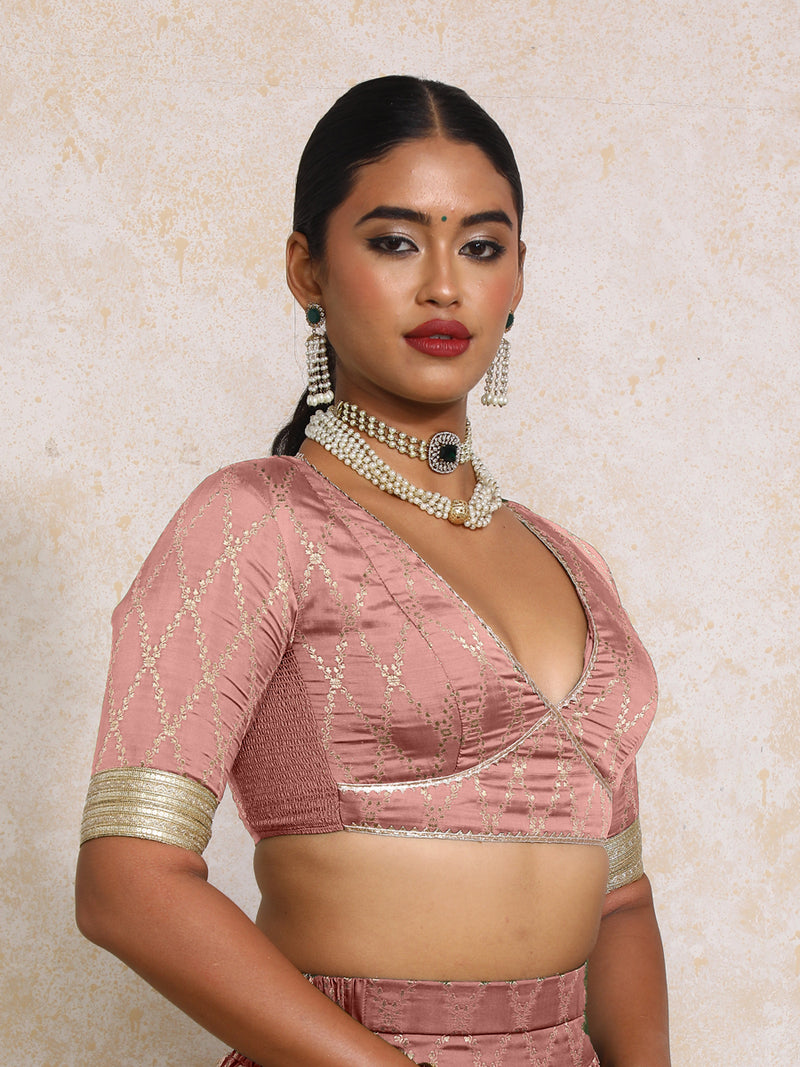 Rivya x Tyohaar | Elbow Sleeves Dusky Mauve Vine Mesh Brocade Saree Blouse-Binks
