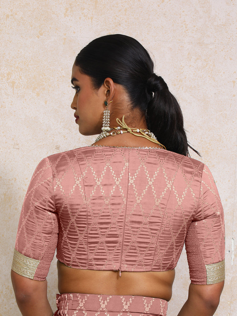 Rivya x Tyohaar Saree Blouse, in Pink Viscose Silk Brocade, featuring elbow sleeves and v-neckline, made for party & festive.
