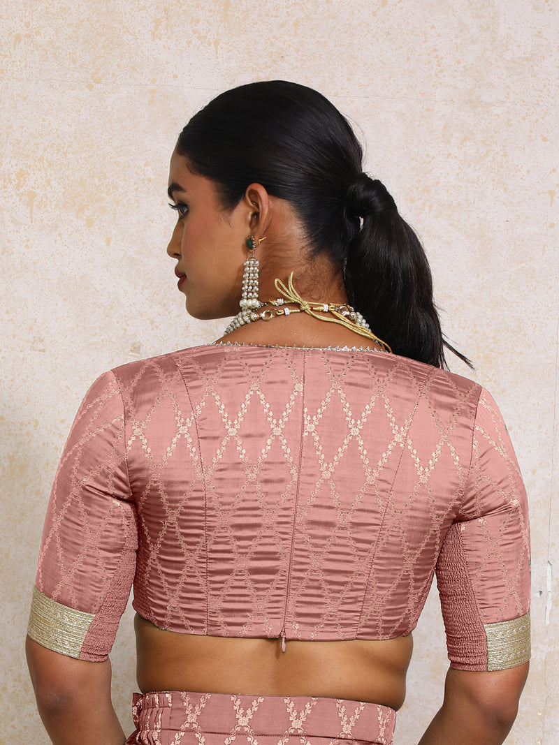Rivya x Tyohaar | Elbow Sleeves Dusky Mauve Vine Mesh Brocade Saree Blouse-Binks
