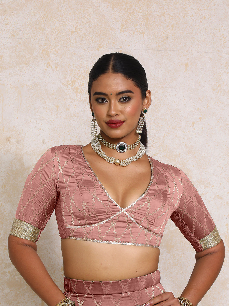 Rivya x Tyohaar Saree Blouse, in Pink Viscose Silk Brocade, featuring elbow sleeves and v-neckline, made for party & festive.
