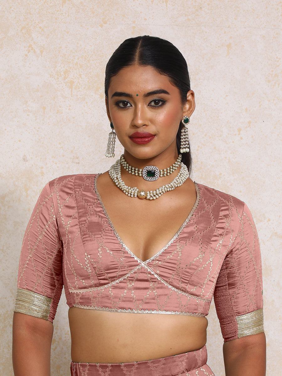 Rivya x Tyohaar Saree Blouse, in Pink Viscose Silk Brocade, featuring elbow sleeves and v-neckline, made for party & festive.