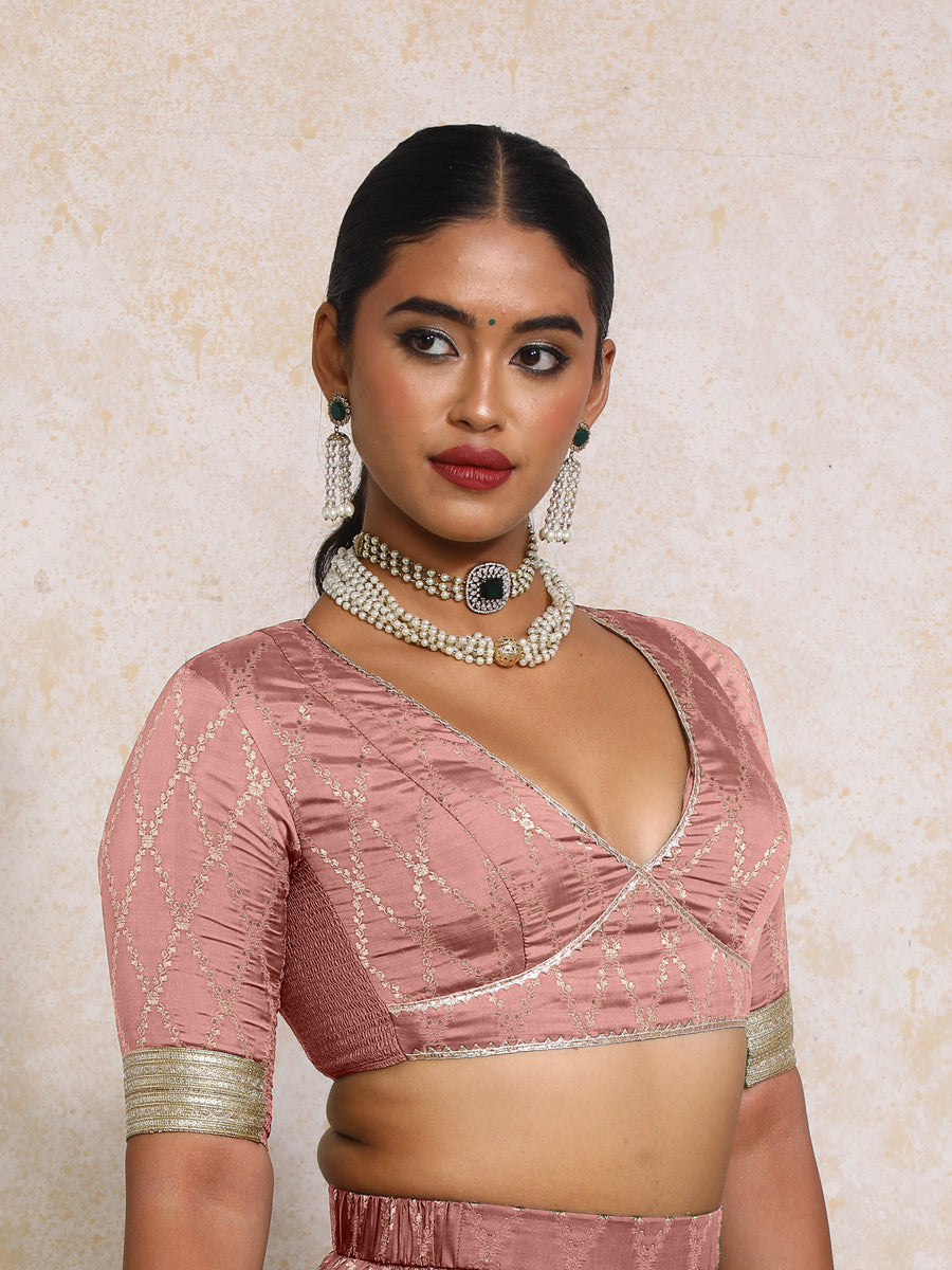 Rivya x Tyohaar Saree Blouse, in Pink Viscose Silk Brocade, featuring elbow sleeves and v-neckline, made for party & festive.
