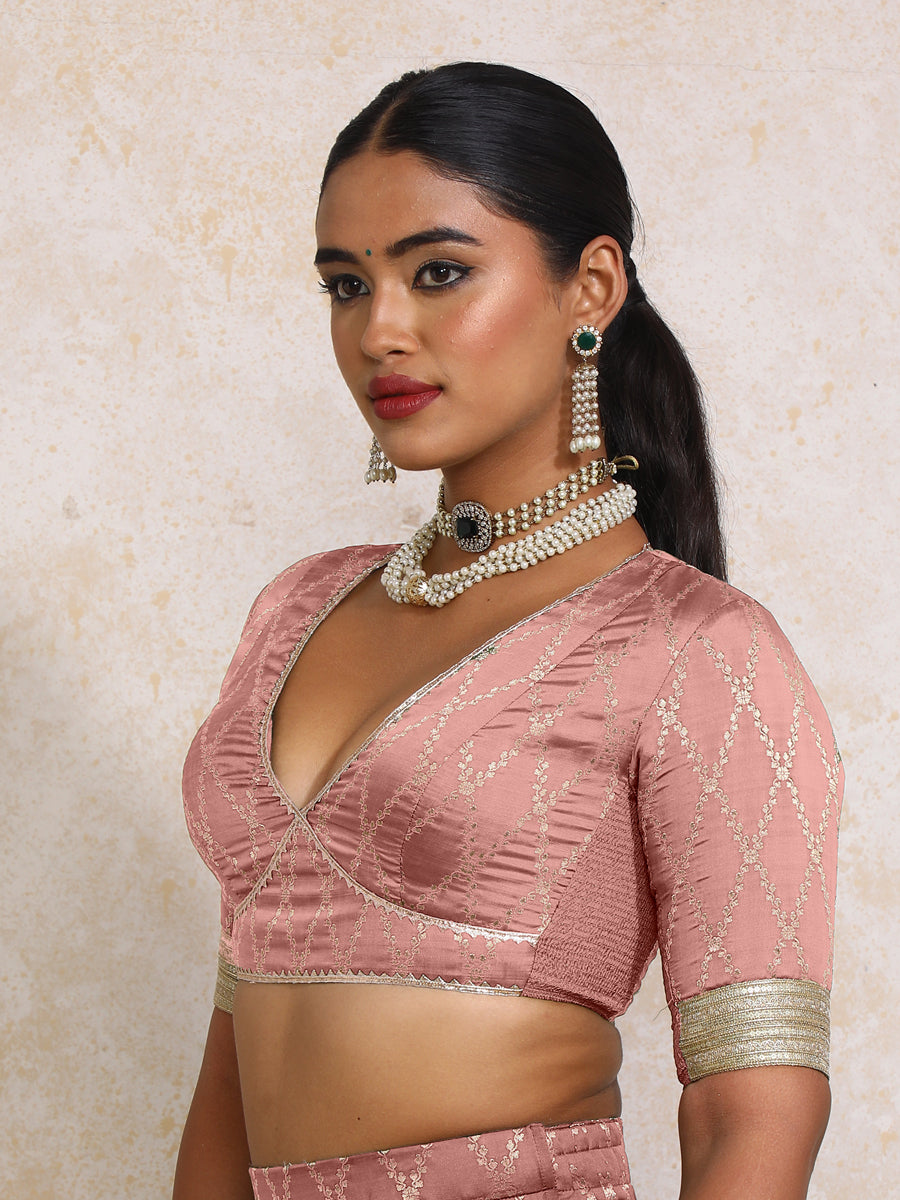 Rivya x Tyohaar Saree Blouse, in Pink Viscose Silk Brocade, featuring elbow sleeves and v-neckline, made for party & festive.