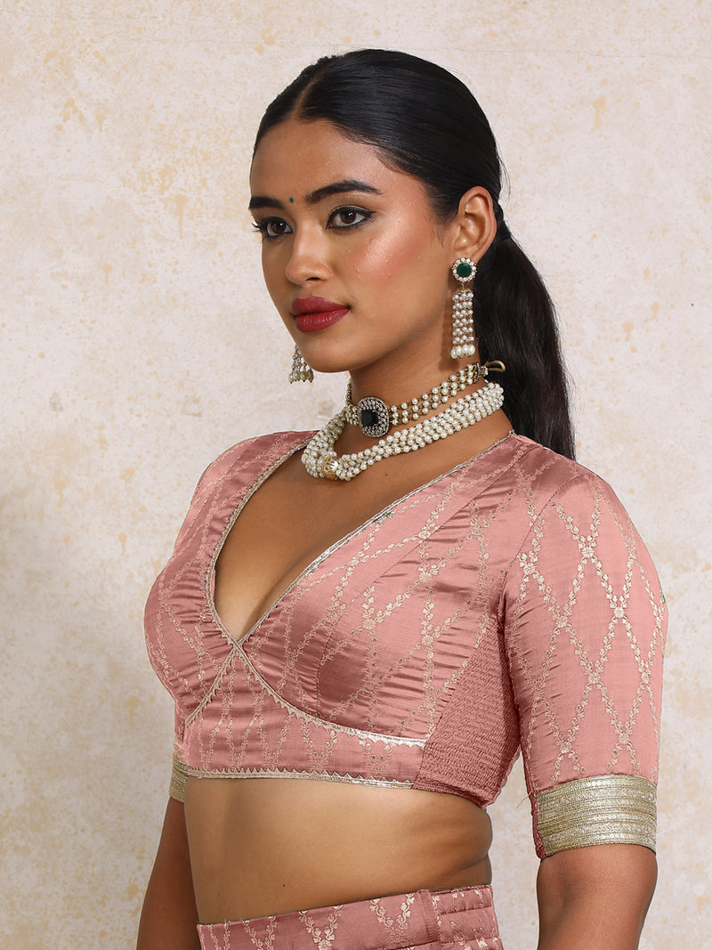 Rivya x Tyohaar | Elbow Sleeves Dusky Mauve Vine Mesh Brocade Saree Blouse-Binks