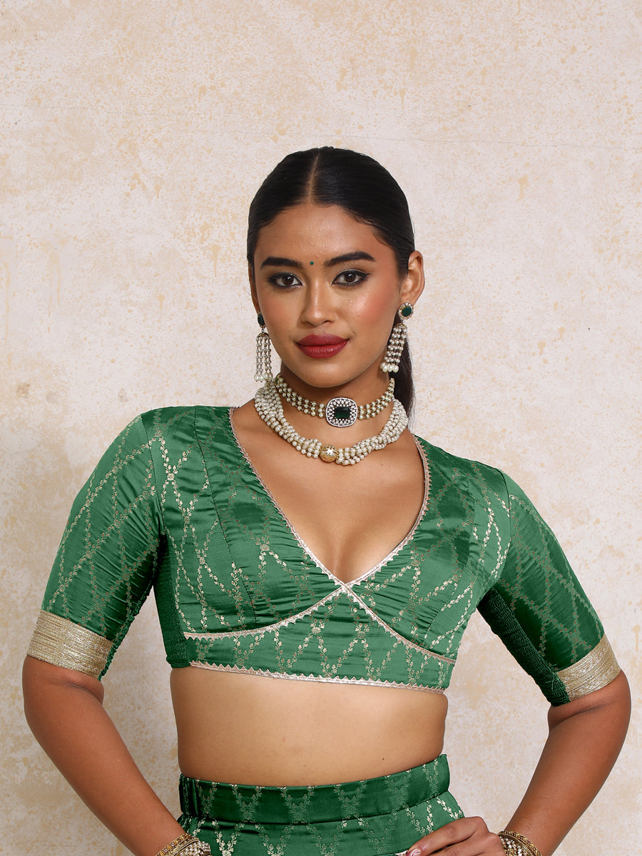 Rivya x Tyohaar Saree Blouse, in Green Viscose Silk Brocade, featuring elbow sleeves and v-neckline (view 5).
