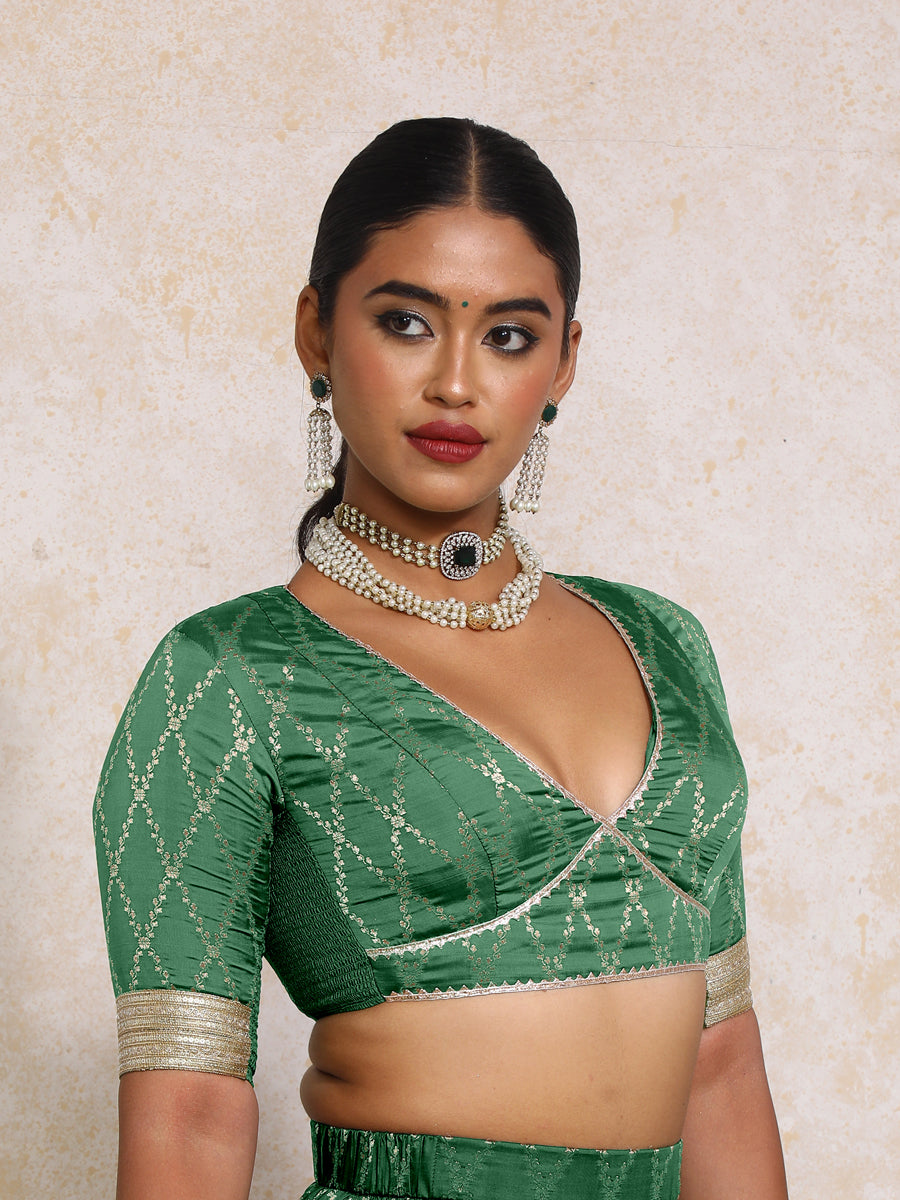 Rivya x Tyohaar Saree Blouse, in Green Viscose Silk Brocade, featuring elbow sleeves and v-neckline (view 7).