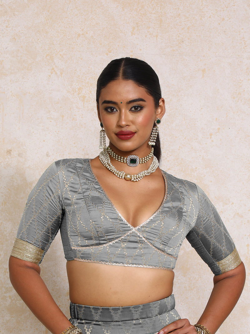 Rivya x Tyohaar | Elbow Sleeves Gilded Grey Vine Mesh Brocade Saree Blouse-Binks