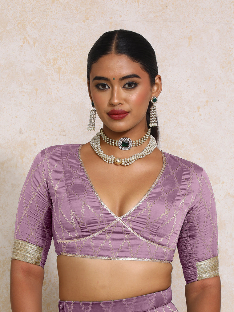 Rivya x Tyohaar Saree Blouse, in Purple Viscose Silk Brocade, featuring elbow sleeves and v-neckline.