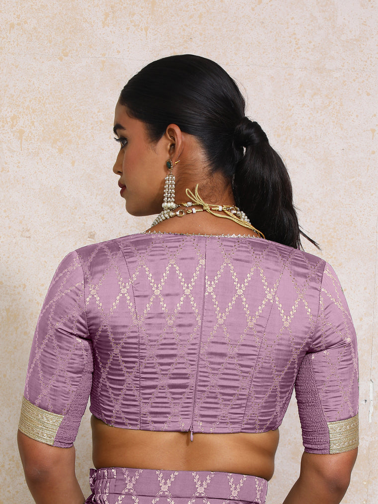 Rivya x Tyohaar Saree Blouse, in Purple Viscose Silk Brocade, featuring elbow sleeves and v-neckline (view 2).