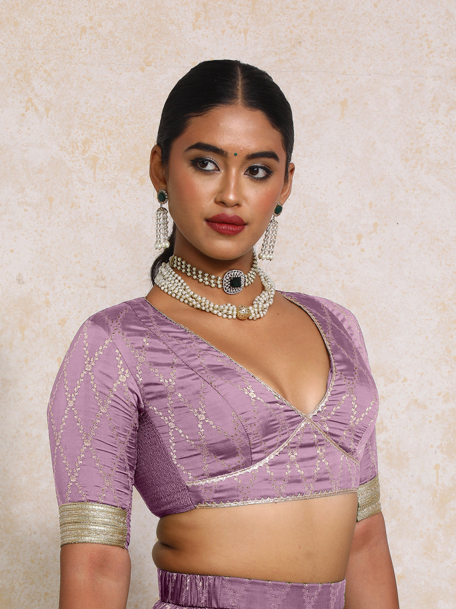 Rivya x Tyohaar Saree Blouse, in Purple Viscose Silk Brocade, featuring elbow sleeves and v-neckline (view 6).