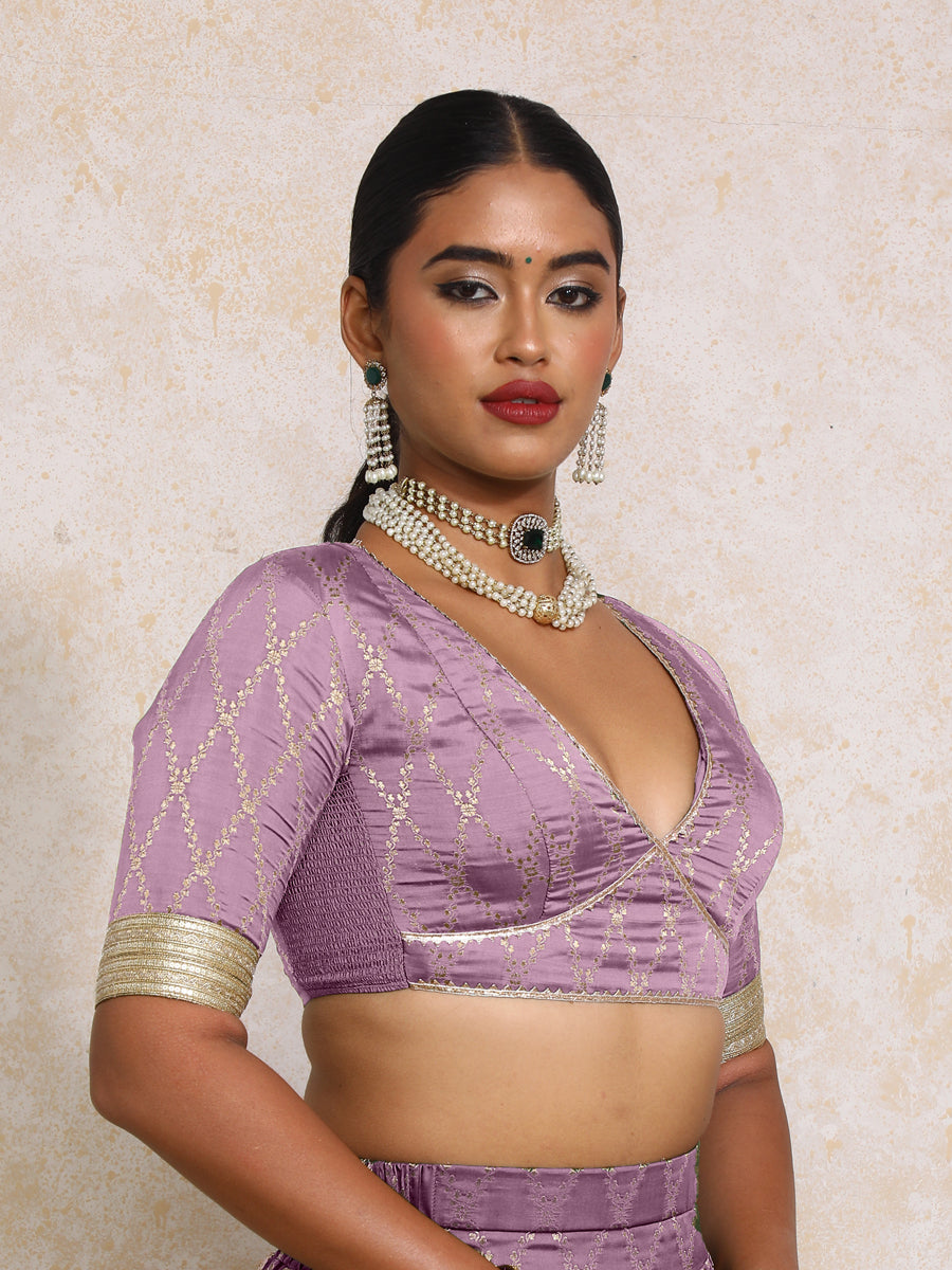 Rivya x Tyohaar Saree Blouse, in Purple Viscose Silk Brocade, featuring elbow sleeves and v-neckline (view 7).