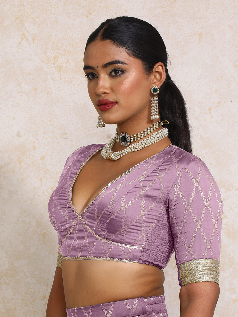 Rivya x Tyohaar Saree Blouse, in Purple Viscose Silk Brocade, featuring elbow sleeves and v-neckline (view 8).