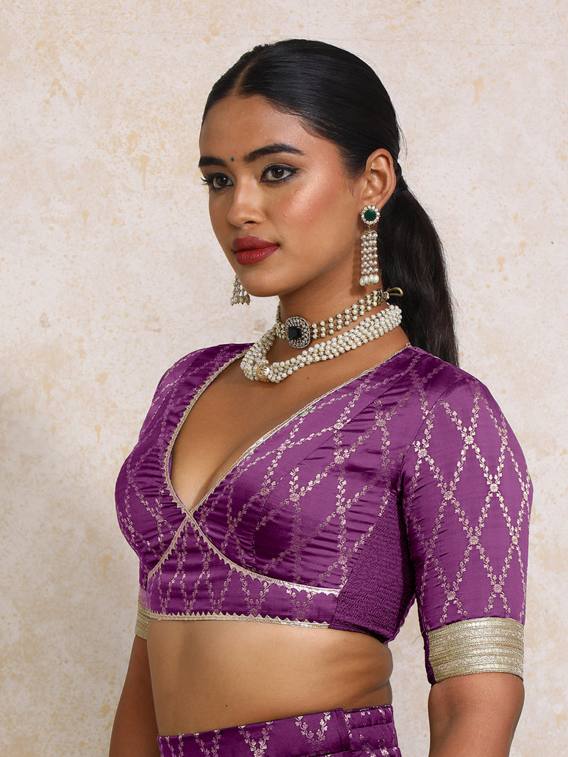Rivya x Tyohaar | Elbow Sleeves Orchid Plum Vine Mesh Brocade Saree Blouse-Binks