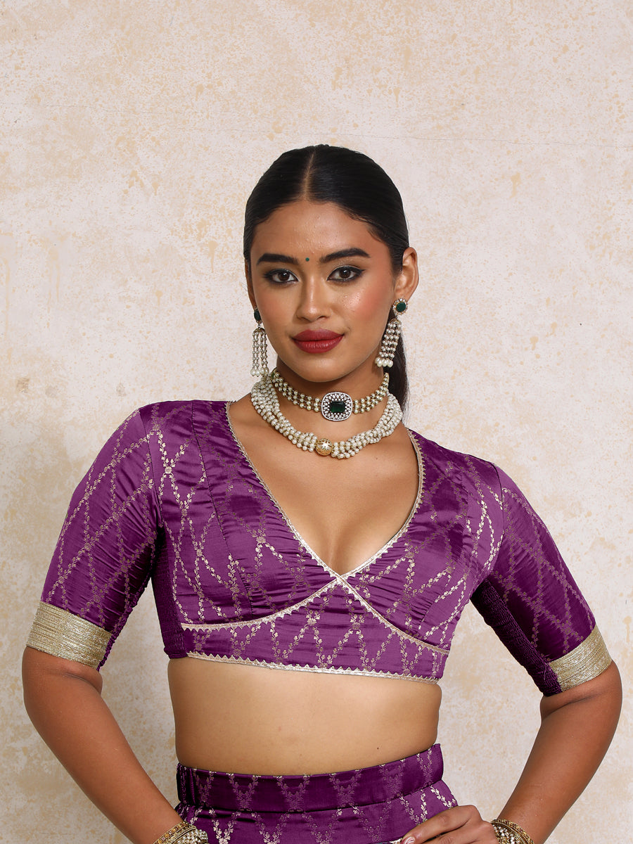 Rivya x Tyohaar Saree Blouse, in Purple Viscose Silk Brocade, featuring elbow sleeves and v-neckline (view 5).