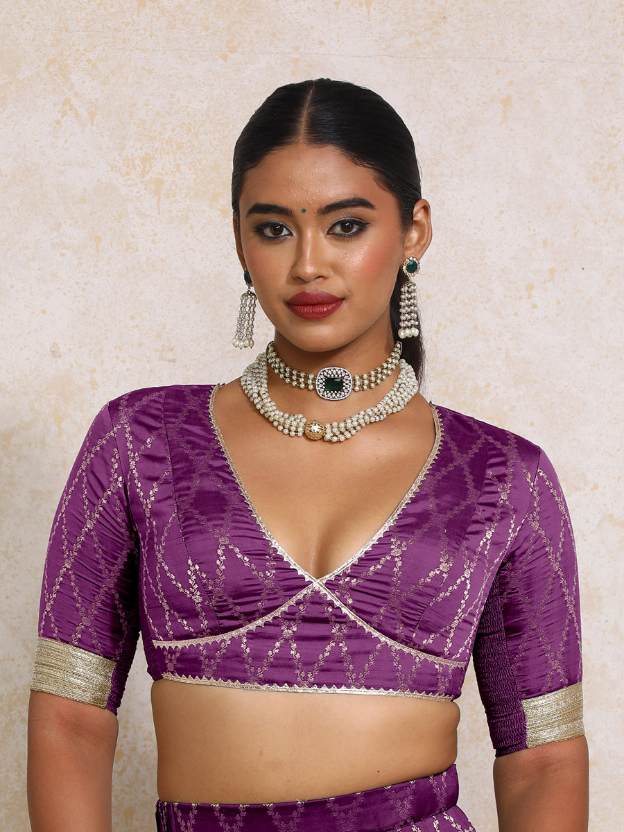 Rivya x Tyohaar Saree Blouse, in Purple Viscose Silk Brocade, featuring elbow sleeves and v-neckline (view 6).