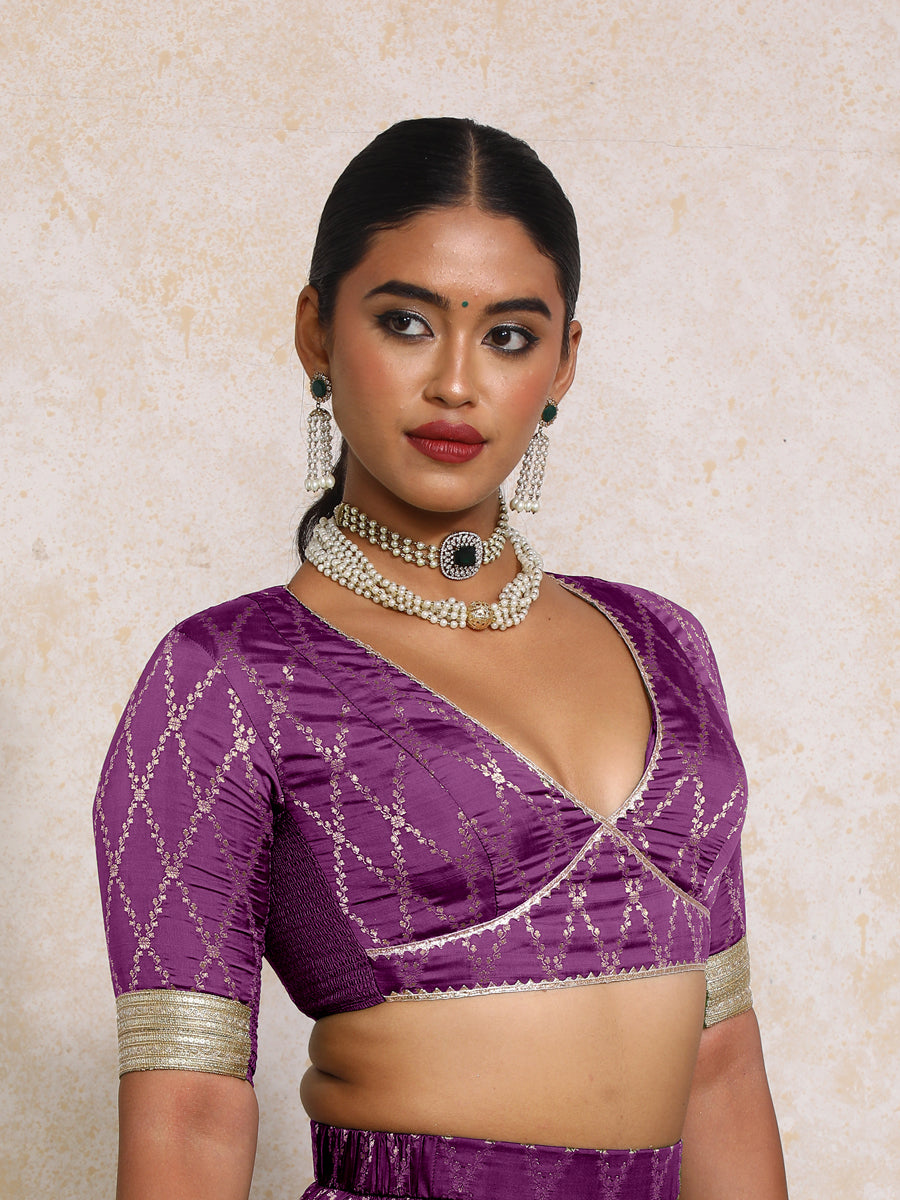 Rivya x Tyohaar Saree Blouse, in Purple Viscose Silk Brocade, featuring elbow sleeves and v-neckline (view 7).