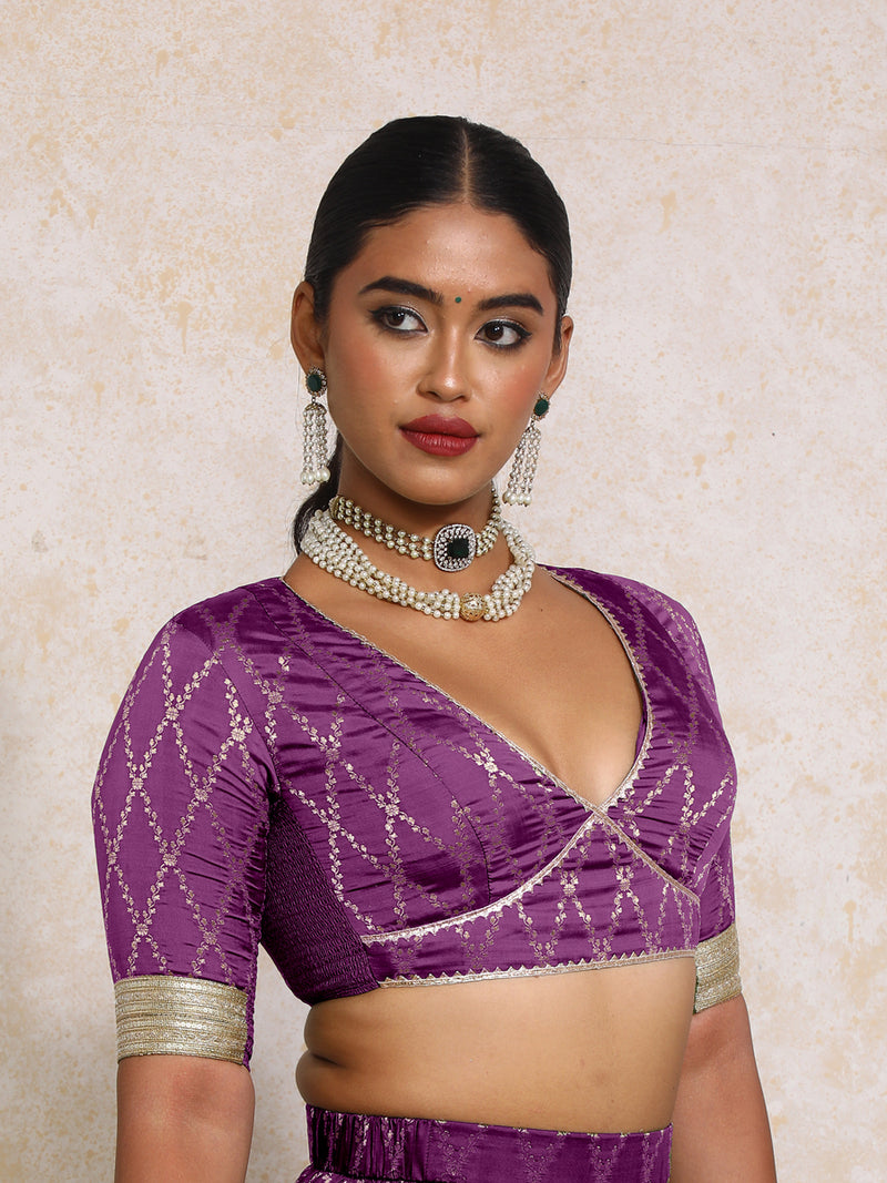 Rivya x Tyohaar | Elbow Sleeves Orchid Plum Vine Mesh Brocade Saree Blouse-Binks